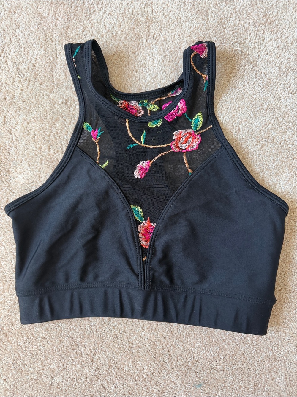 Sports Bar with floral mesh detail Onzie Black Floral Embroidered Sports Bra